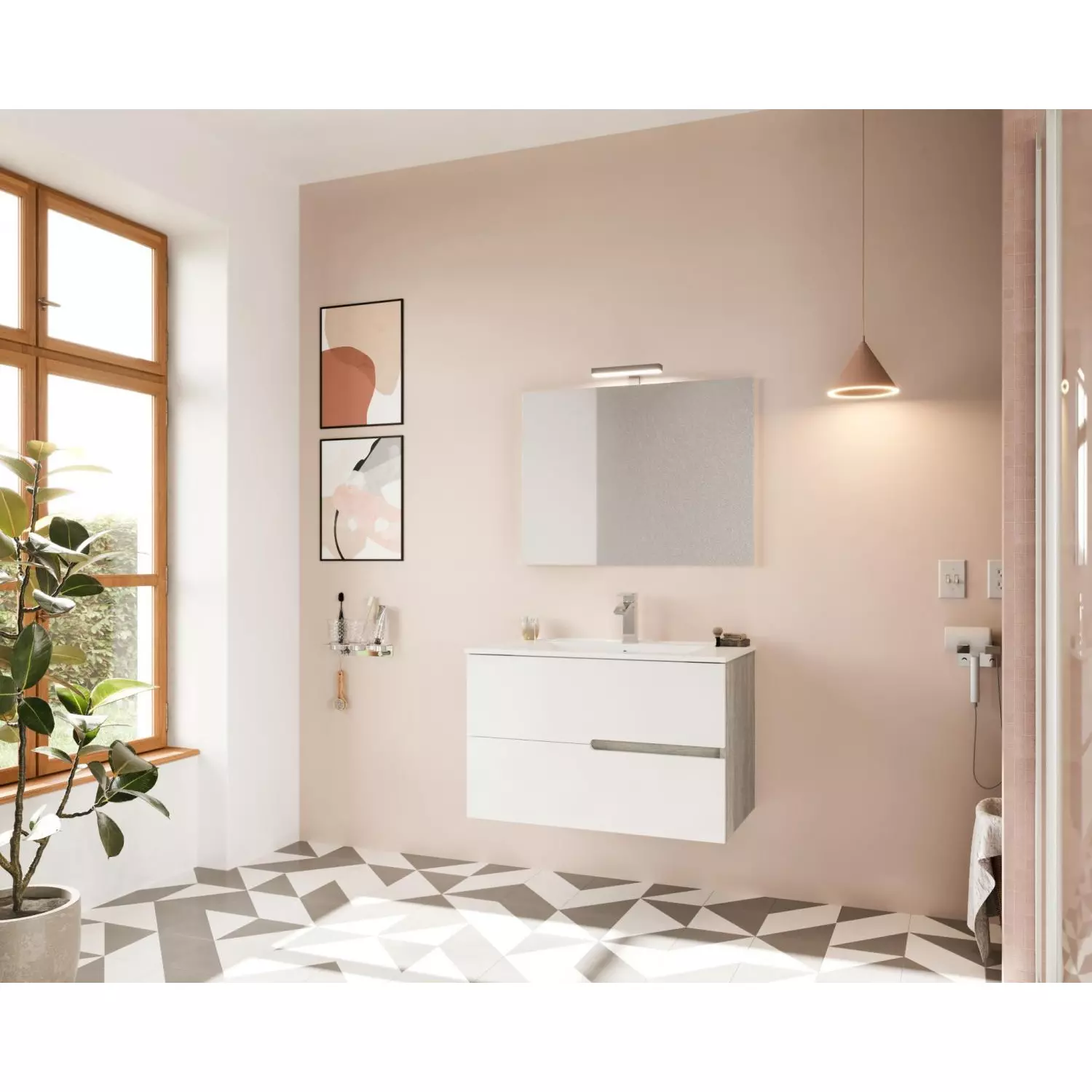 Eva 80cm-es 2 fiókos fürdőszobaszekrény fényes fehér &amp; szürke tölgy + mosdó