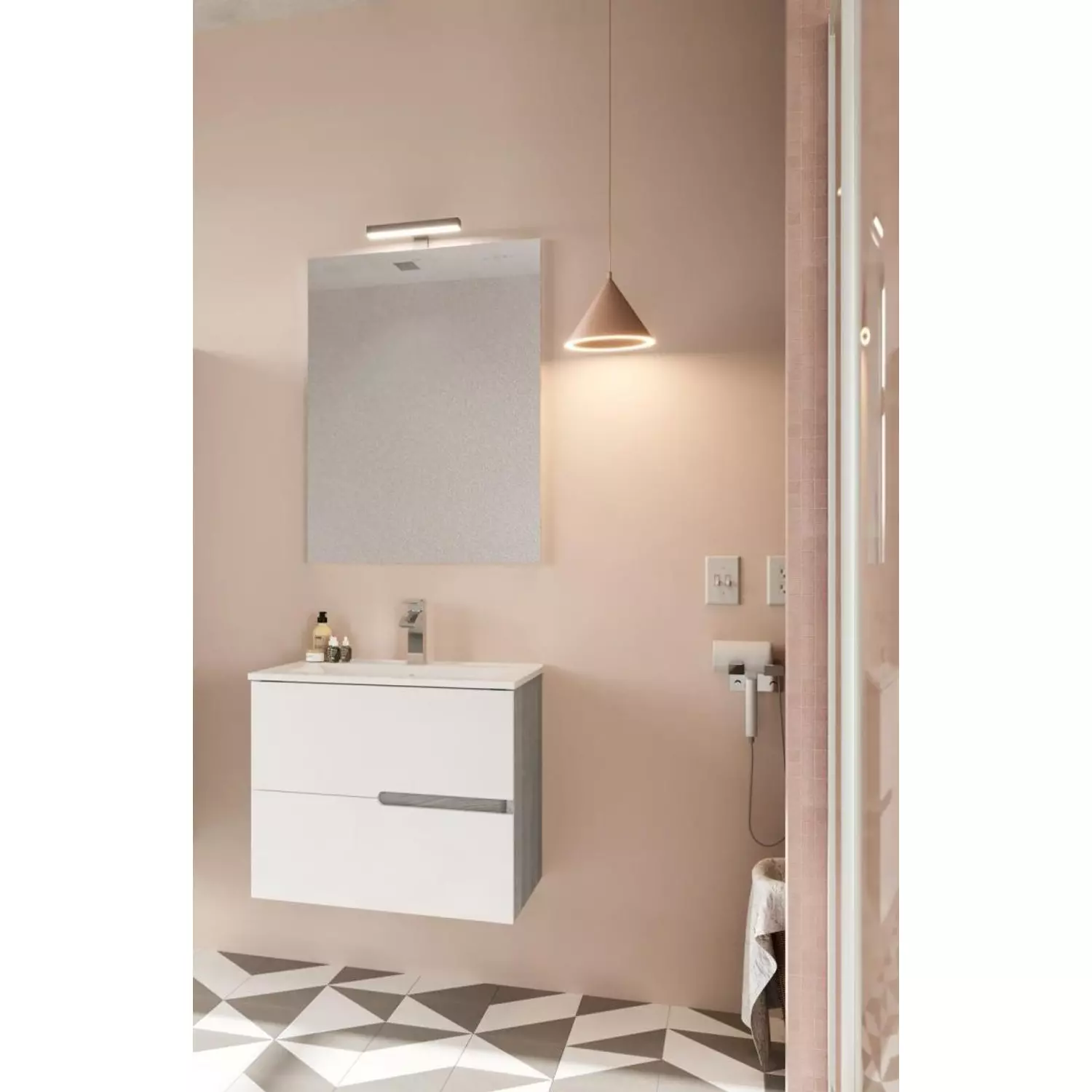 Eva 60cm-es 2 fiókos fürdőszobaszekrény fényes fehér &amp; szürke tölgy+ mosdó