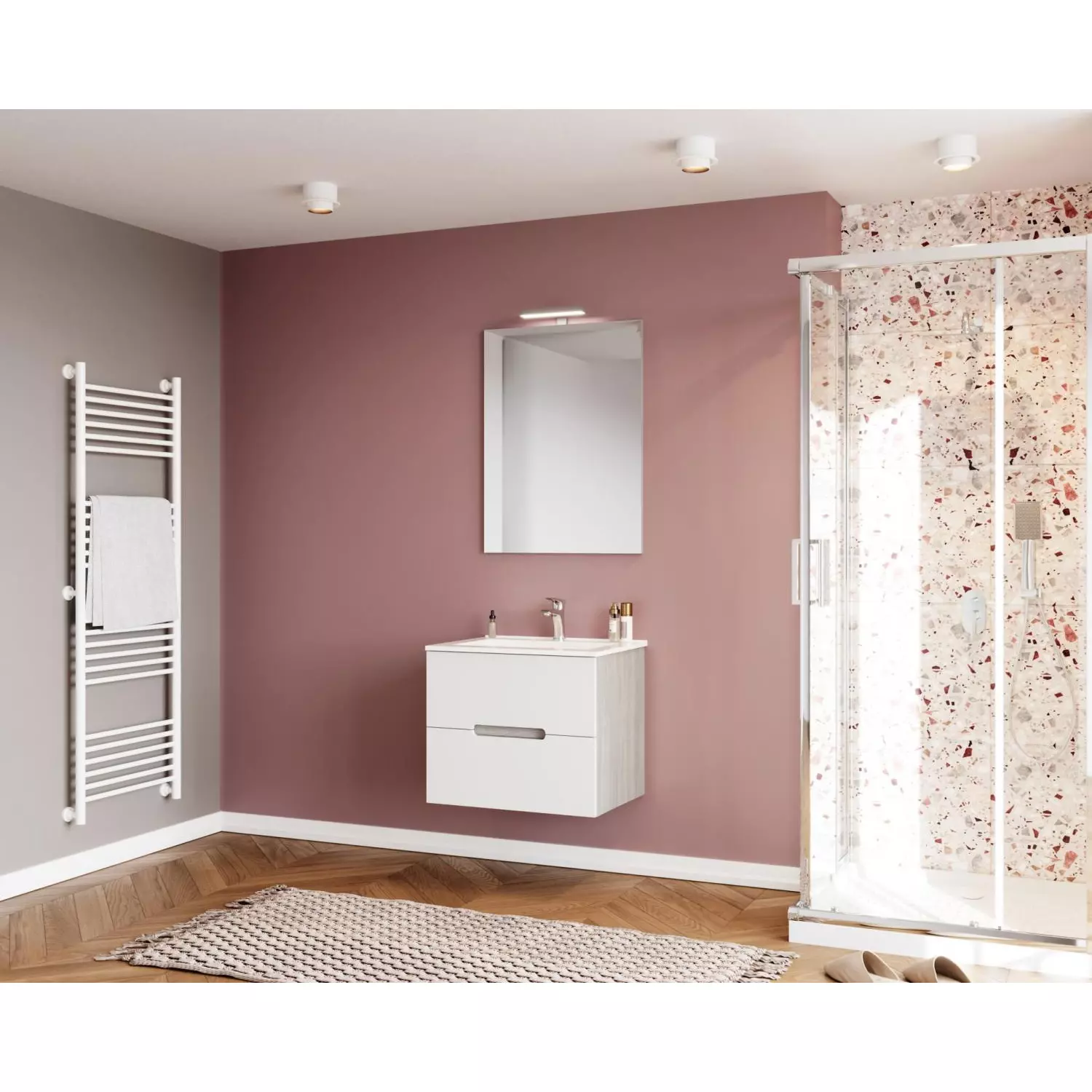 IRIS 60cm-es 2 fiókos fürdőszobaszekrény matt fehér &amp; szürke tölgy + mosdó
