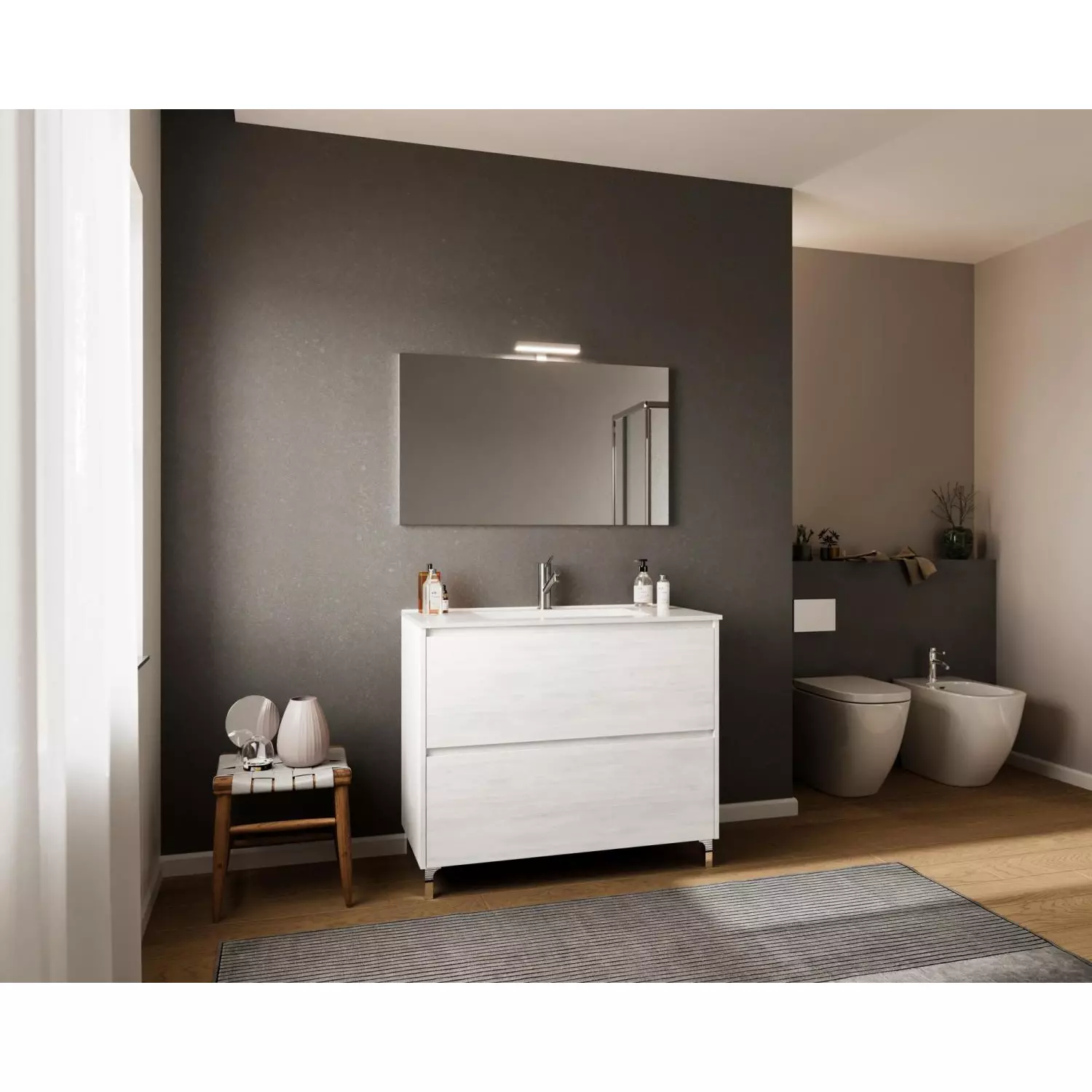 Lisbona 100cm-es 2 fiókos fürdőszobaszekrény fehér tölgy + mosdó