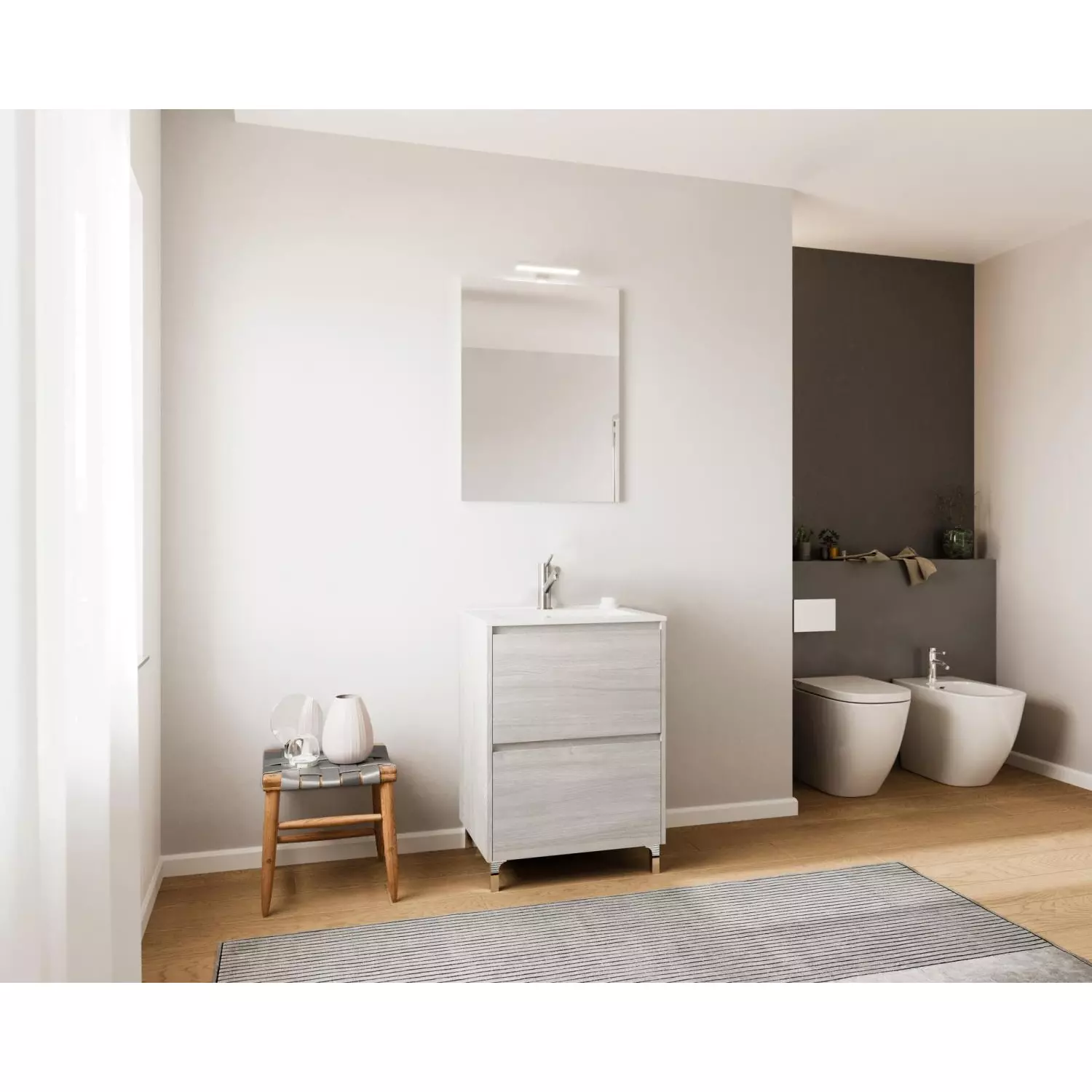 Lisbona 60cm-es 2 fiókos fürdőszobaszekrény szürke tölgy + mosdó