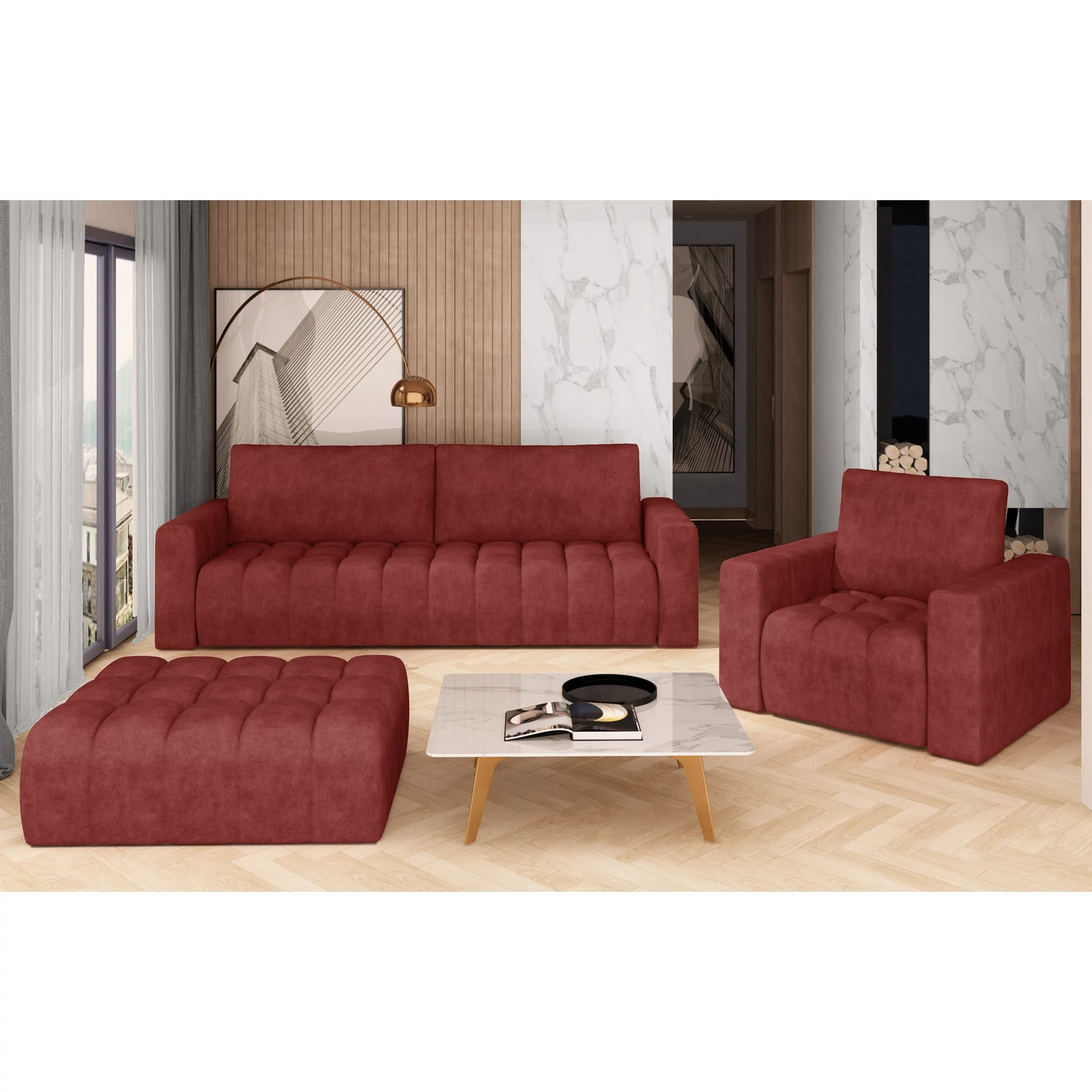Lazaro 3+1+puf lounge ülőgarnitúra szett, piros