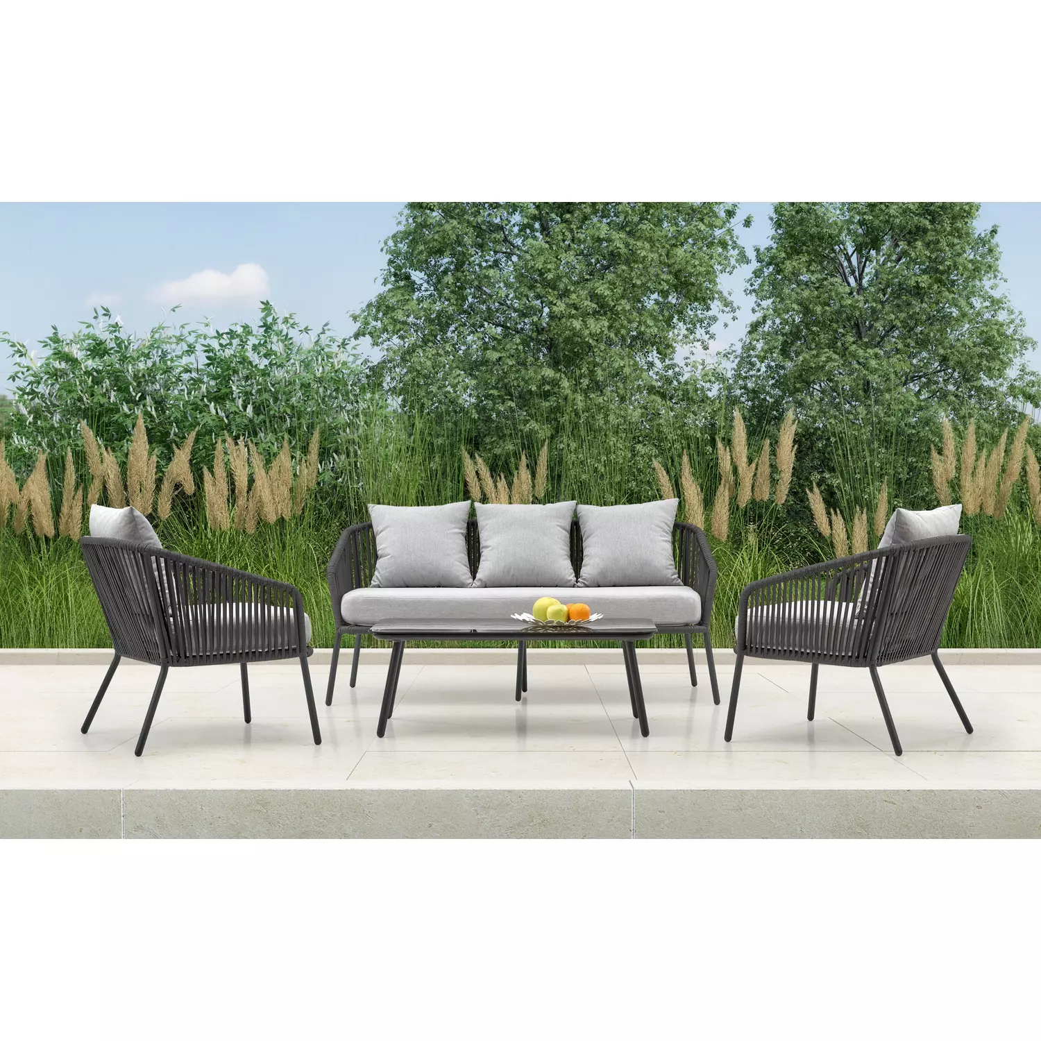 ROCCA kerti garnitúra (kanapé + 2 szék + dohányzóasztal), sötétszürke/világosszürke