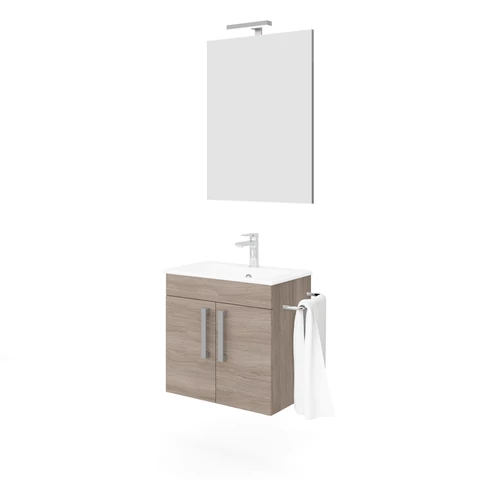 Zaffiro 60cm-es két ajtós fürdőszobaszekrény füstölt tölgy + mosdó
