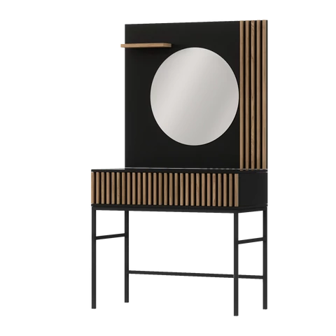 Meorati 85 fésülködőasztal, fekete/tölgyfa, Hiúságok, Fekete, Matt fekete, kézműves tölgy