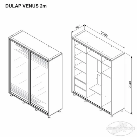 VENUS tolóajtós gardrób tükörrel 2.0 m grafit
