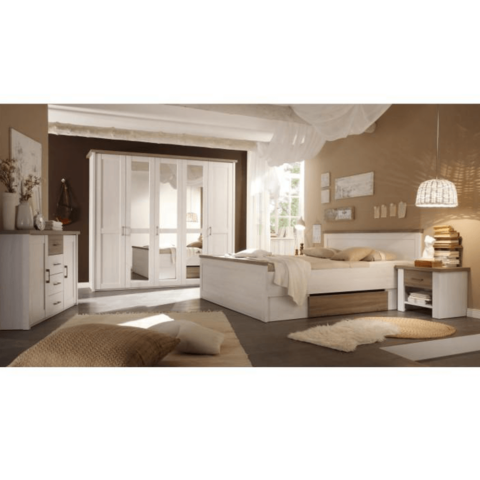 Hálószoba bútor készlet (ágy 2 éjjeliszekrény szekrény) pínia fehér  tölgy sonoma trufla LUMERA