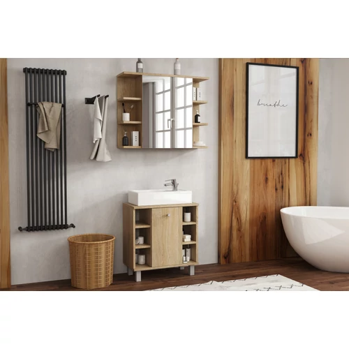 Modern design és tükör falazat.  Sonoma színű fürdőszobai szekrény