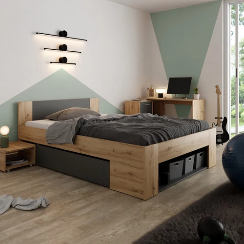 Elegáns és funkcionális ágy 140x200 méretben.  UNIS ágy  tölgy színű