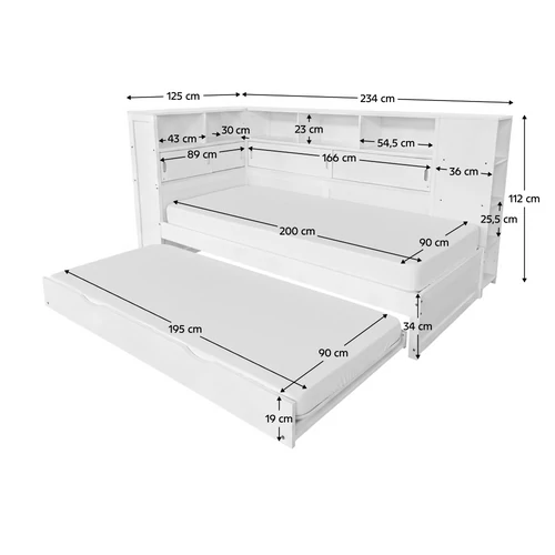 Lendon fehér ágy polcokkal és pótággal  90x200 méretben