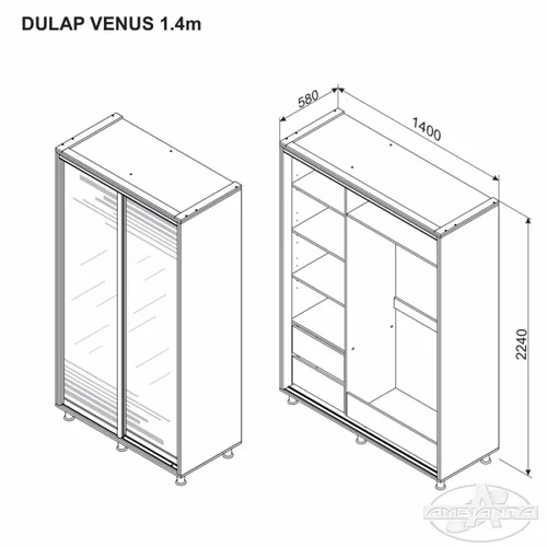 VENUS tolóajtós gardrób tükörrel 2.0 m fehér - 7. kép