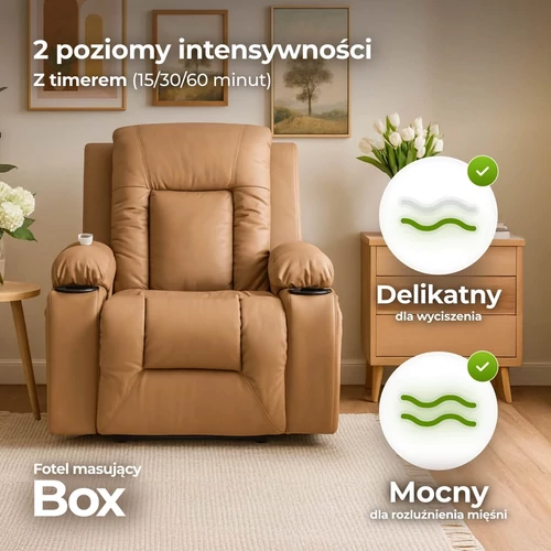 Masszázsfotel BOX kinyitható pufával Karamell öko-bőr