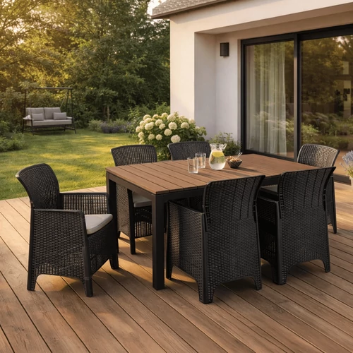 Kerti bútorkészlet Asztal ARGOS 140-180 cm Orzech i 6 Foteli FRESNO Feketech
