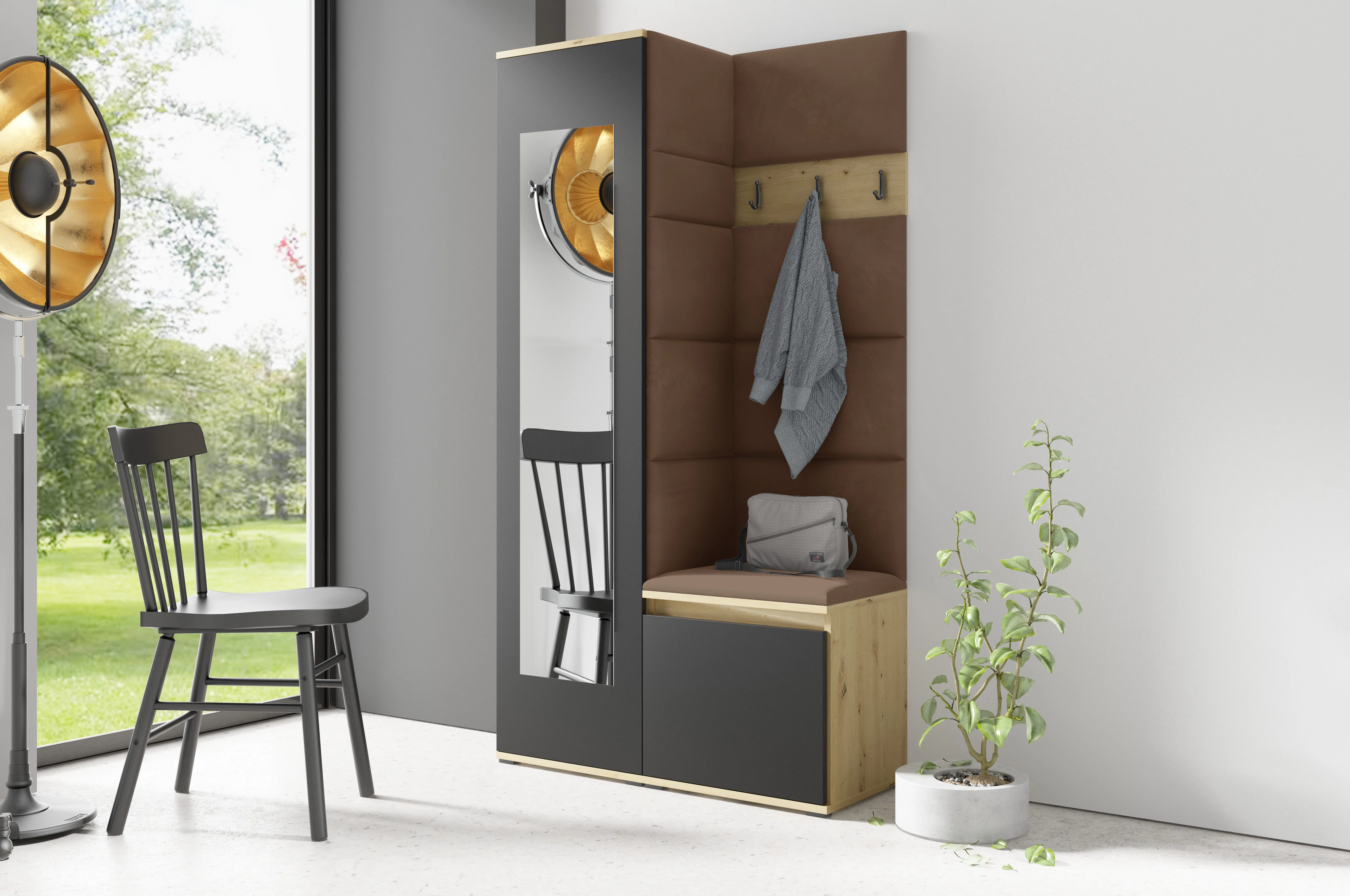 Blum 13 kárpitozott előszobafal tükörrel, artisan/fekete - barna 07
