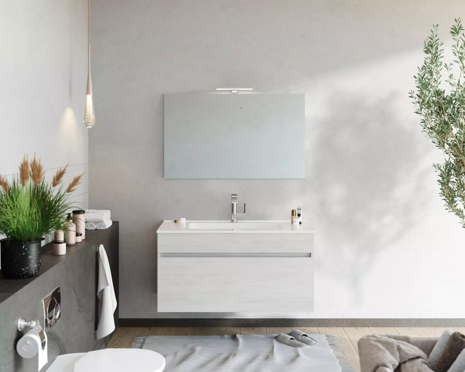 Bogota 100cm-es 1 fiókos fürdőszobaszekrény fehér tölgy + mosdó