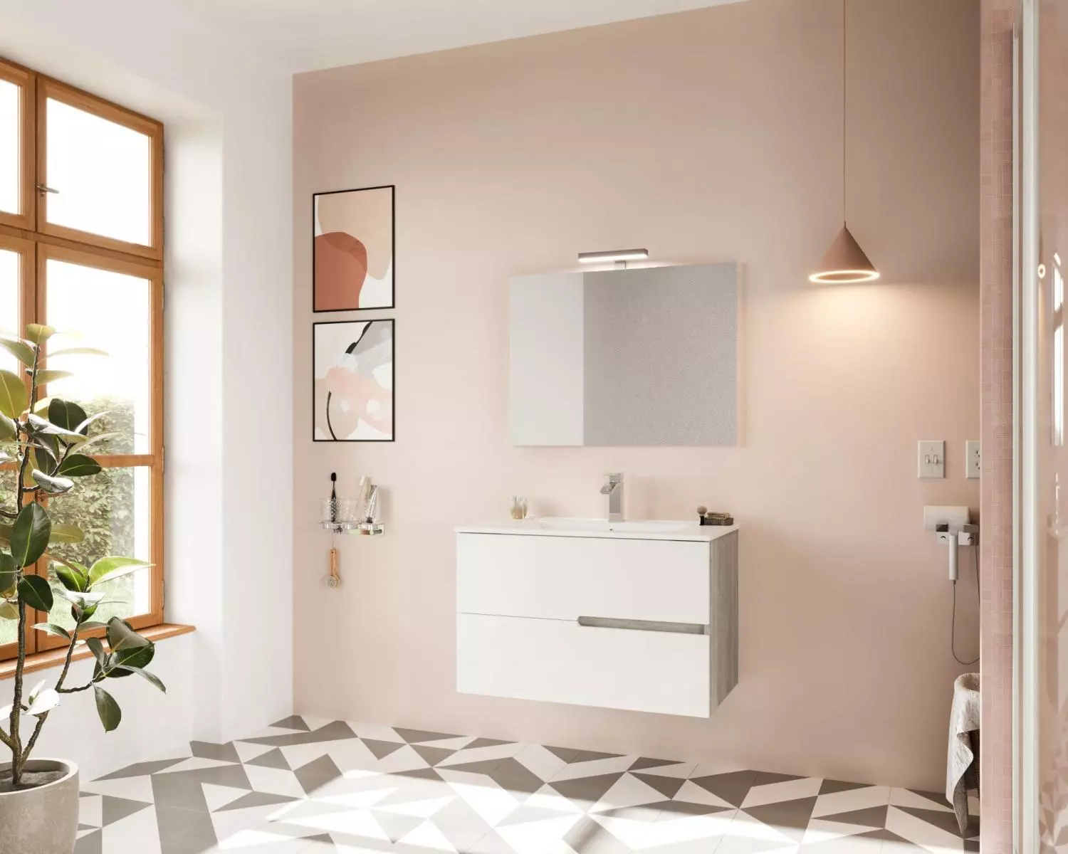 Eva 80cm-es 2 fiókos fürdőszobaszekrény fényes fehér & szürke tölgy + mosdó