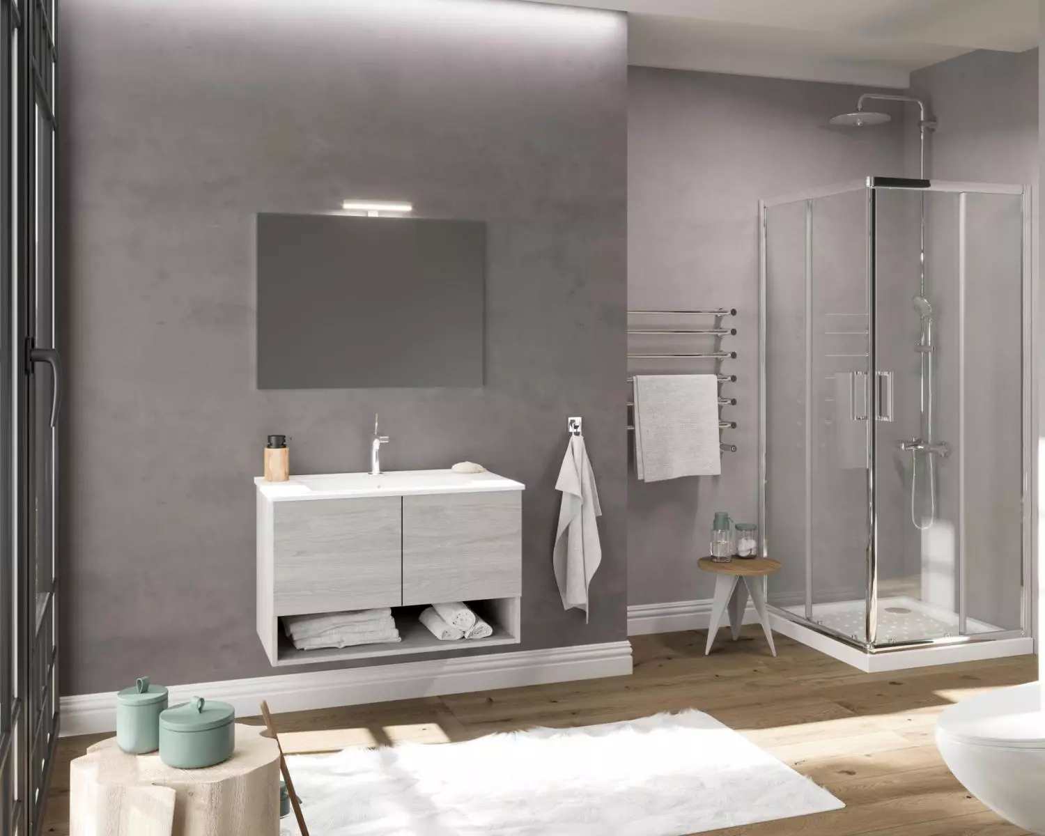 Oslo 80cm-es két ajtós fürdőszobaszekrény szürke tölgy + mosdó