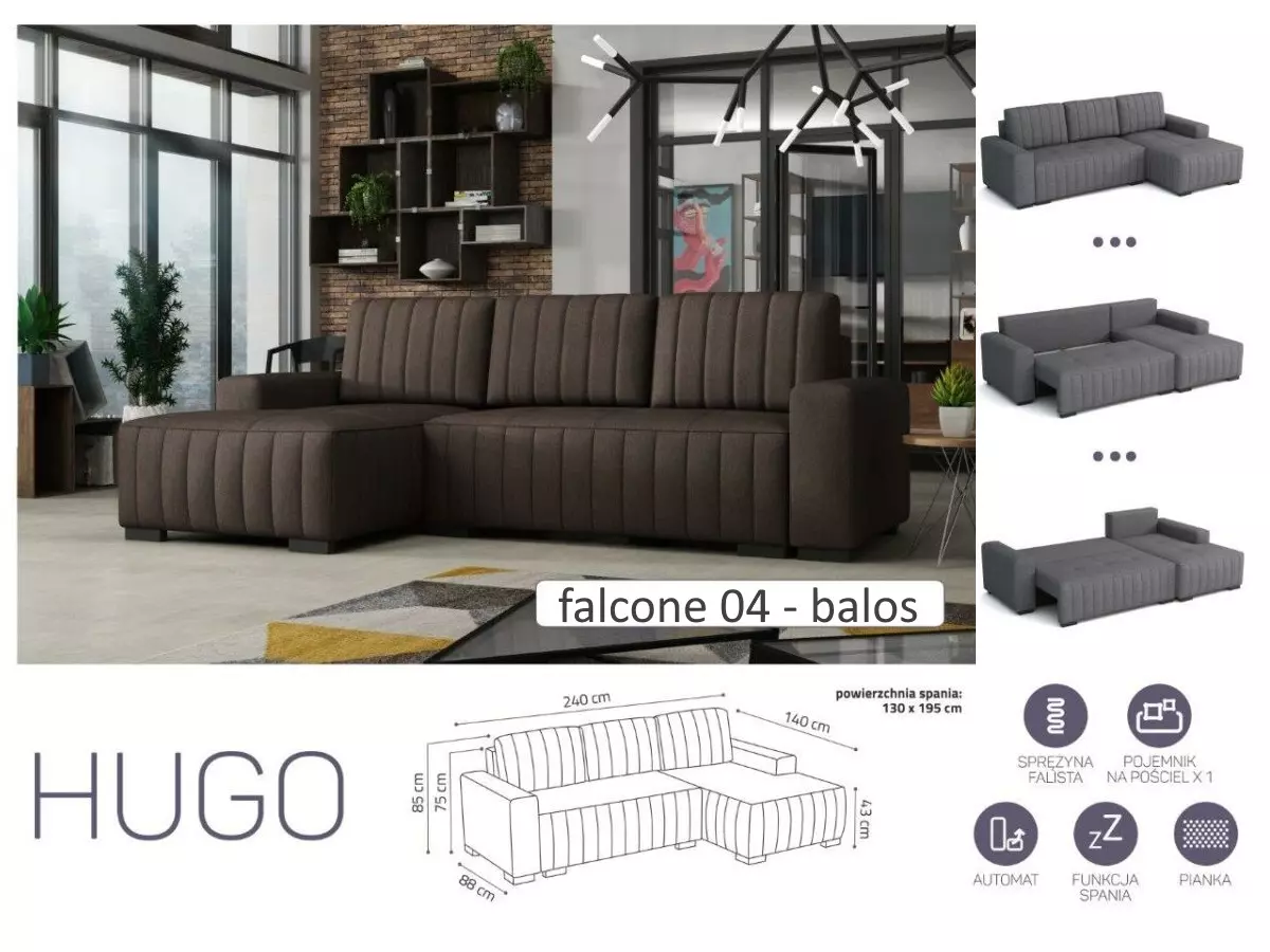 HUGO ággyá alakítható, ágyneműtartós, hullámrugós sarok kanapé Falcone 04