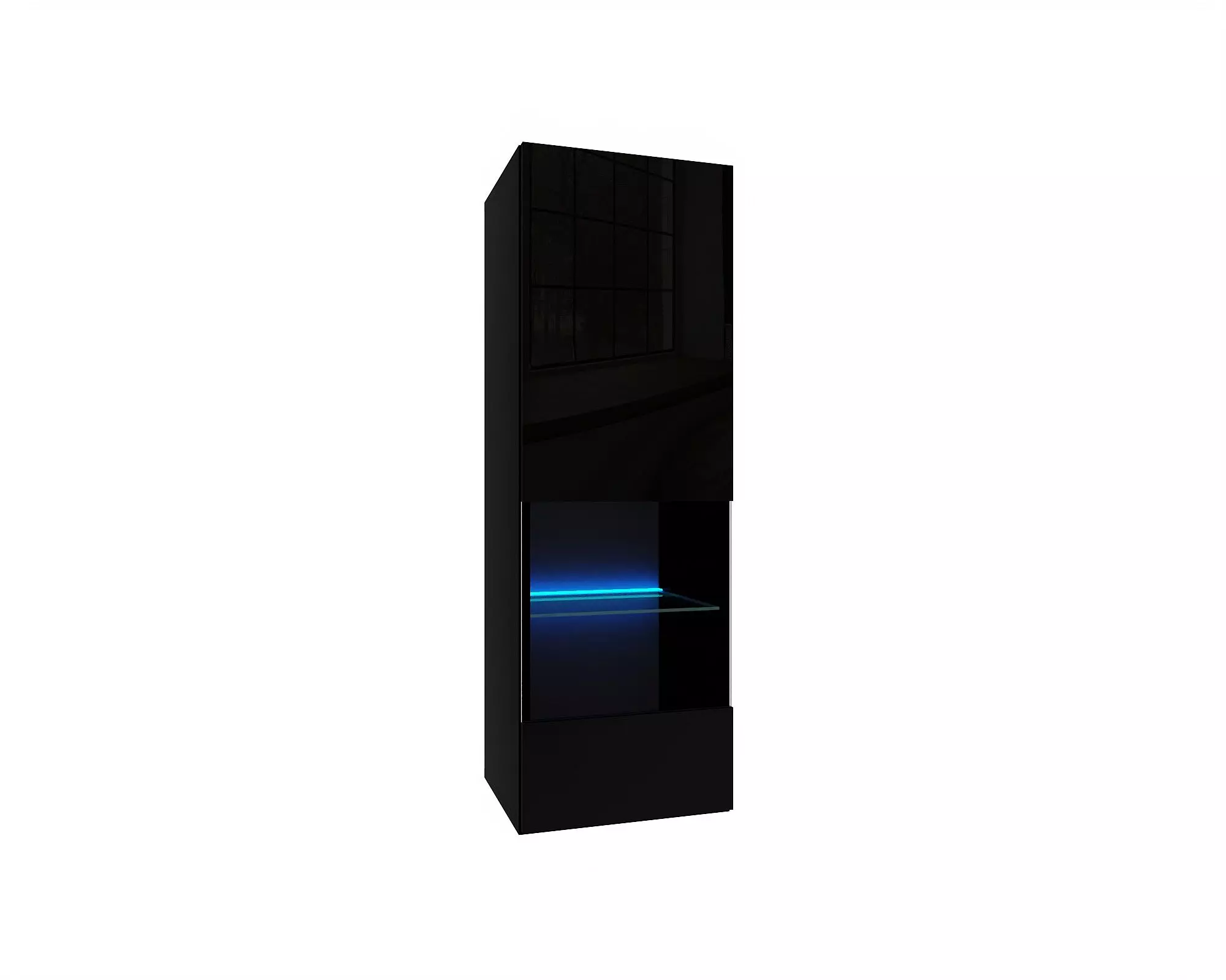 IZUMI 2 magasfényű fekete/fekete polcos, vitrines függesztett fali szekrény, 105 BL