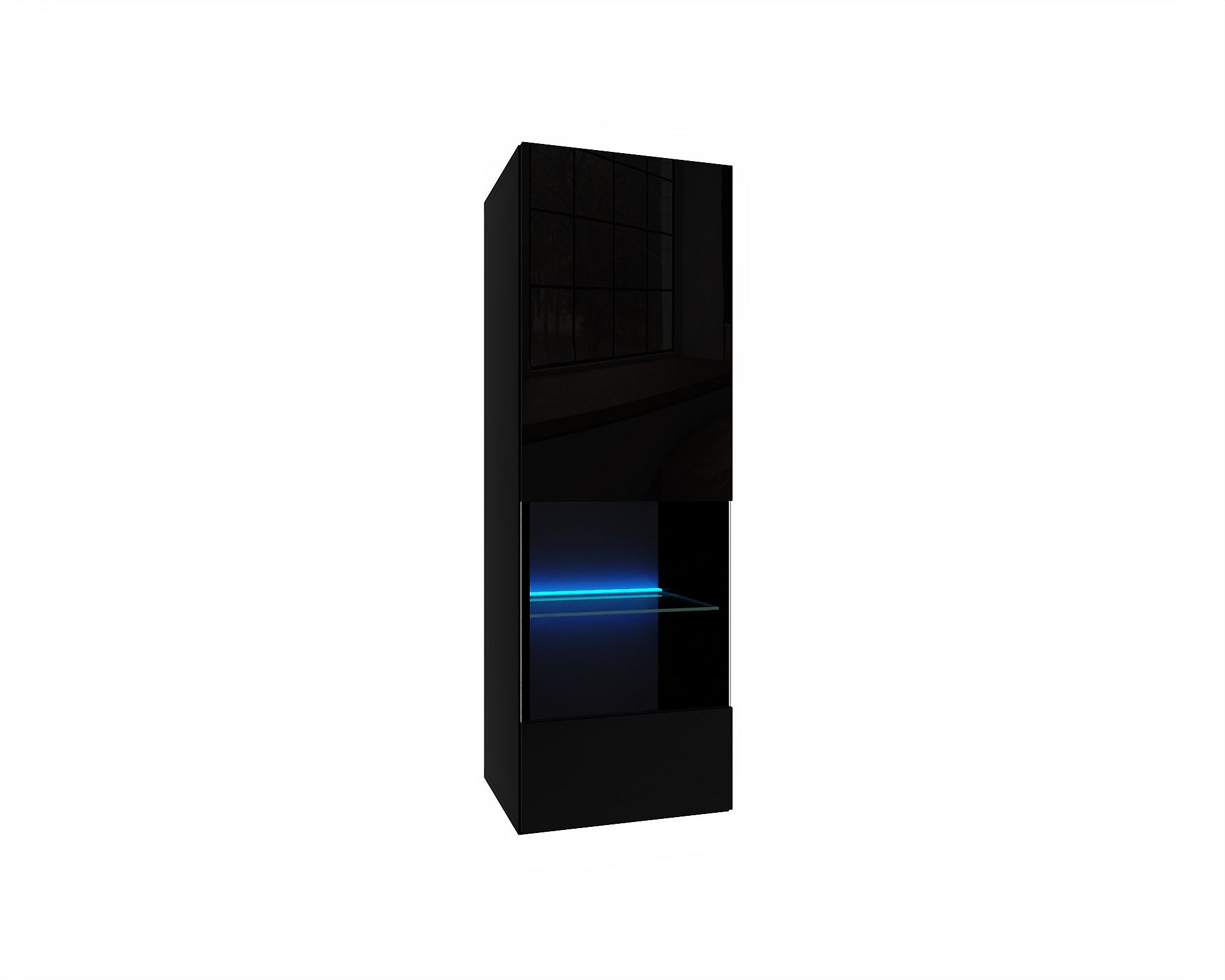 IZUMI 2 magasfényű fekete polcos, vitrines függesztett fali szekrény, 105 BL